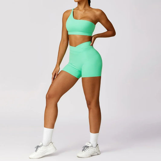2 Piece Yoga Sets Quick Dry Woman Yoga Outfit Shorts One Shoulder Bras Sport Suit for Women Sportswear Fitness Gym Workout Sets