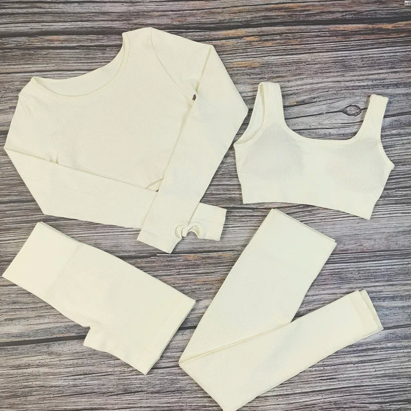 White Yoga Sets Seamless Women'S Gym Set 2/3/4 Pieces Yoga Suits Clothes Female Ribbed Activewear Fitness Athletic Wear Femme