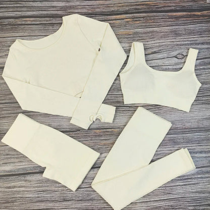 White Yoga Sets Seamless Women'S Gym Set 2/3/4 Pieces Yoga Suits Clothes Female Ribbed Activewear Fitness Athletic Wear Femme