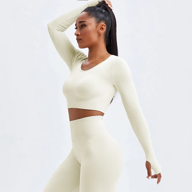 White Yoga Sets Seamless Women'S Gym Set 2/3/4 Pieces Yoga Suits Clothes Female Ribbed Activewear Fitness Athletic Wear Femme