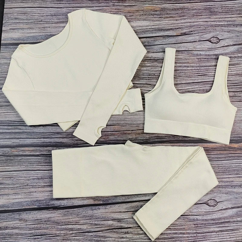 White Yoga Sets Seamless Women'S Gym Set 2/3/4 Pieces Yoga Suits Clothes Female Ribbed Activewear Fitness Athletic Wear Femme