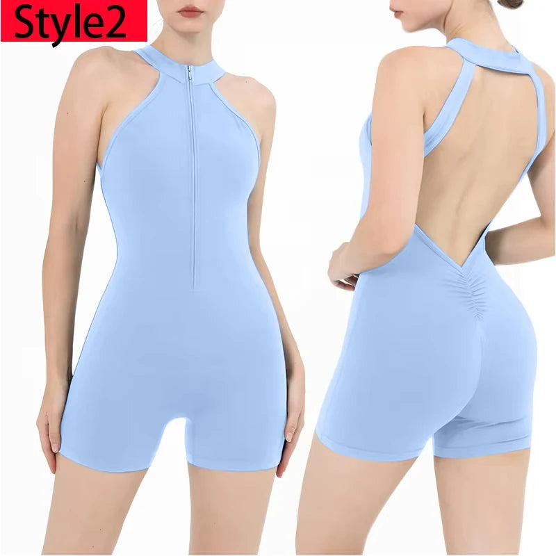 Scrunch Gym Jumpsuit Women'S Fitness Suit Short Sets Sports Overalls for Woman Tracksuit Yoga Clothing Zipper Workout Sportswear