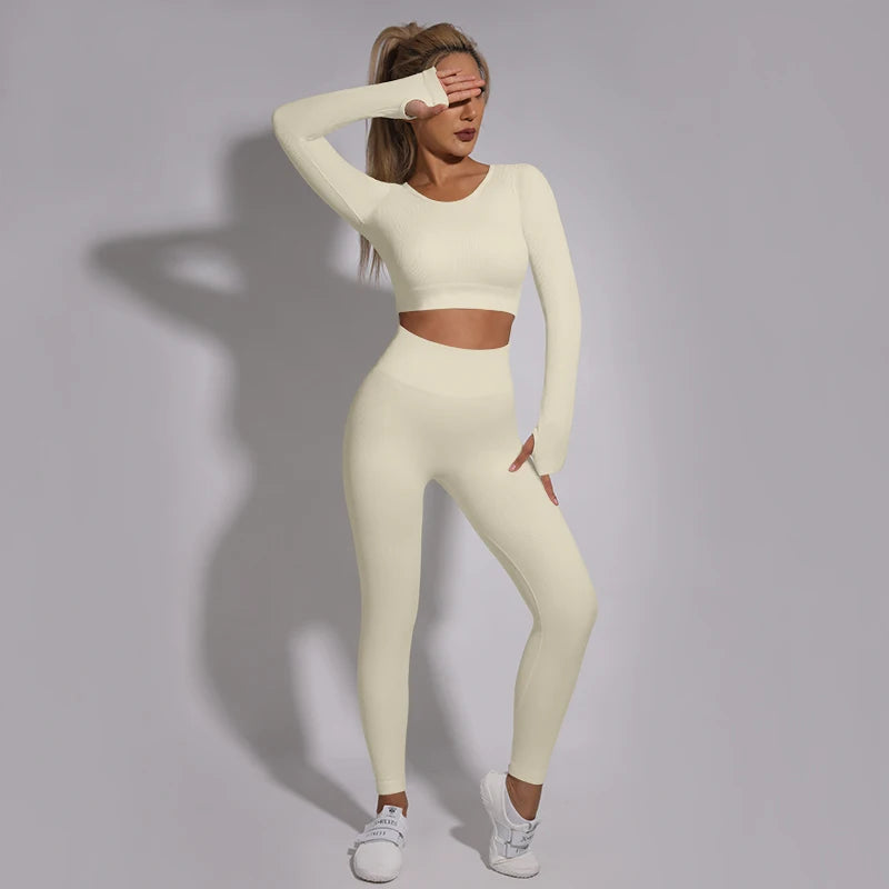 White Yoga Sets Seamless Women'S Gym Set 2/3/4 Pieces Yoga Suits Clothes Female Ribbed Activewear Fitness Athletic Wear Femme