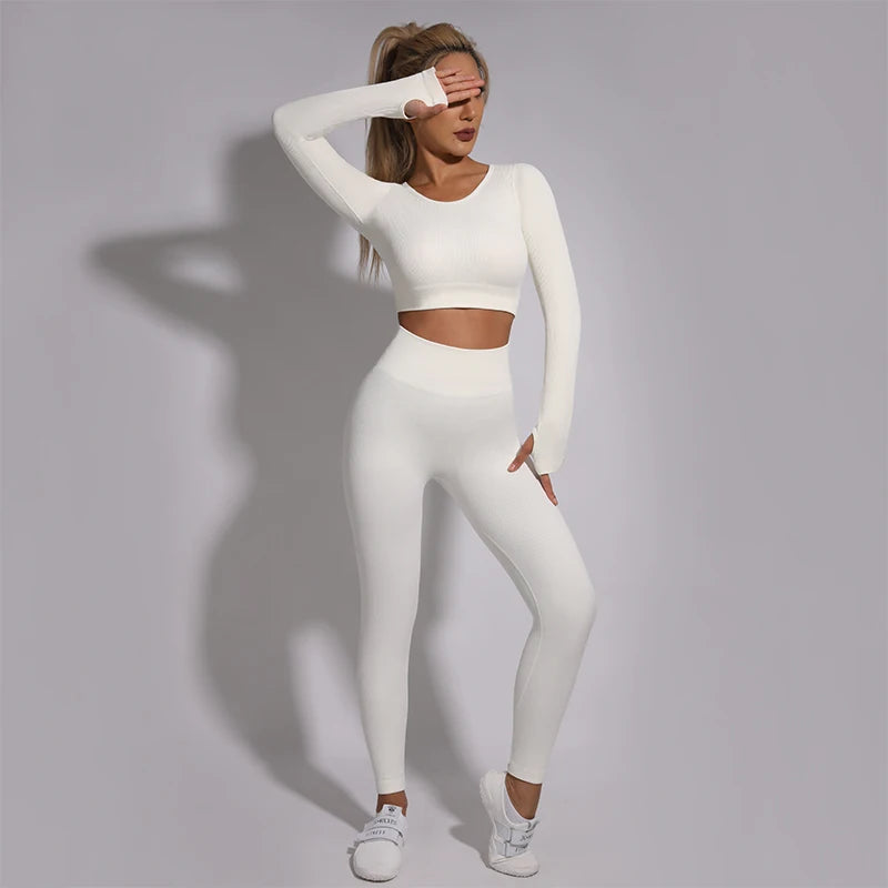 White Yoga Sets Seamless Women'S Gym Set 2/3/4 Pieces Yoga Suits Clothes Female Ribbed Activewear Fitness Athletic Wear Femme