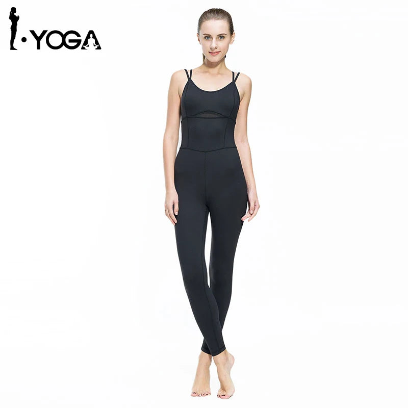 Fitness Women Aerial Yoga Jumpsuit Gym Running Sports Suit Clothing Nylon Black Stretch Sportswear Sets Patchwork Tracksuit