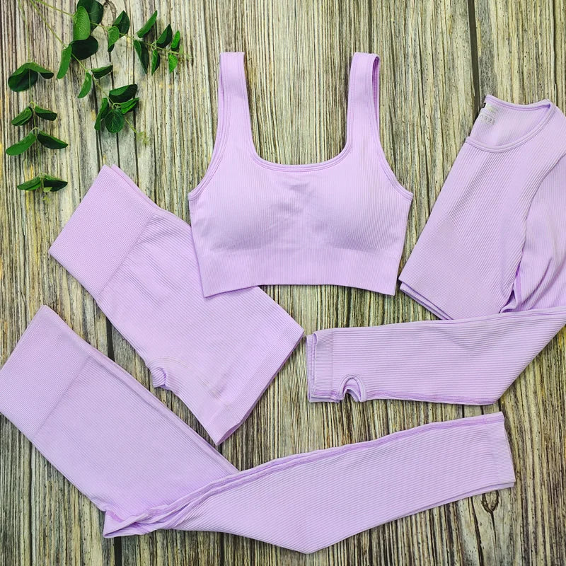White Yoga Sets Seamless Women'S Gym Set 2/3/4 Pieces Yoga Suits Clothes Female Ribbed Activewear Fitness Athletic Wear Femme