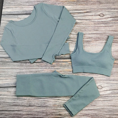 White Yoga Sets Seamless Women'S Gym Set 2/3/4 Pieces Yoga Suits Clothes Female Ribbed Activewear Fitness Athletic Wear Femme